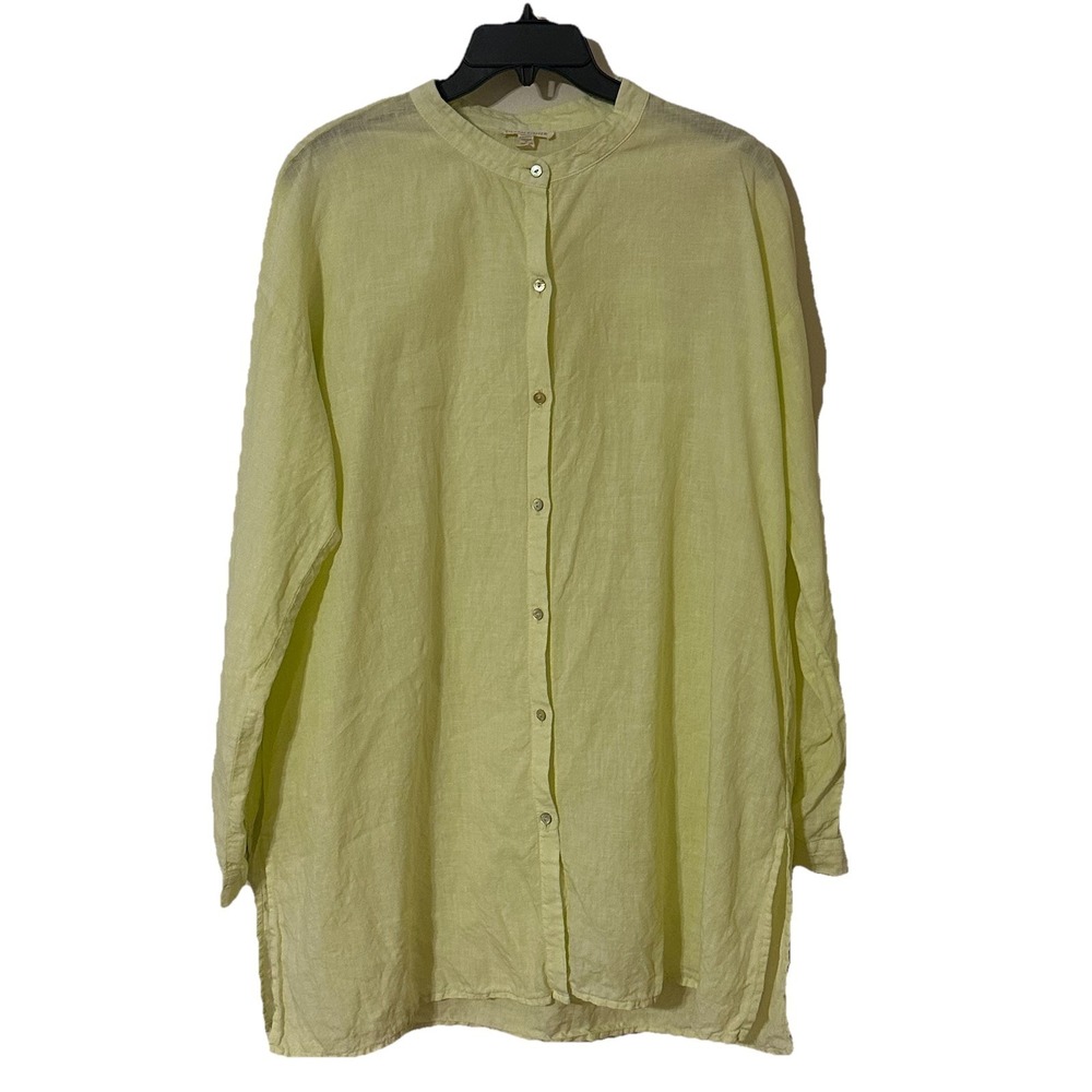 Eileen Fisher Citrus Yellow Organic Linen Button Tunic Mandarin Lagenlook Medium
